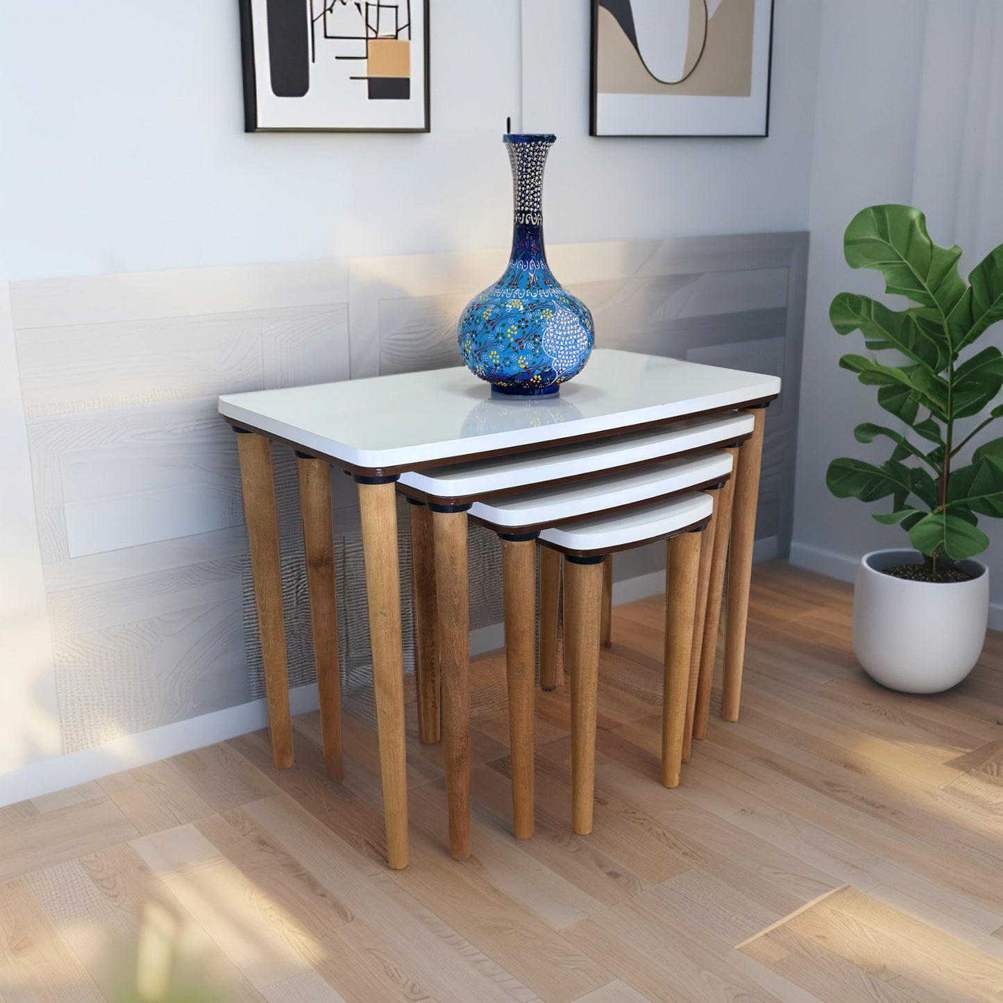 Evmob Lüks 1. Sınıf Mdf Çift Katlı 4’lü Zigon Sehpa Seti – Beyaz & Ceviz, Modern Tasarım