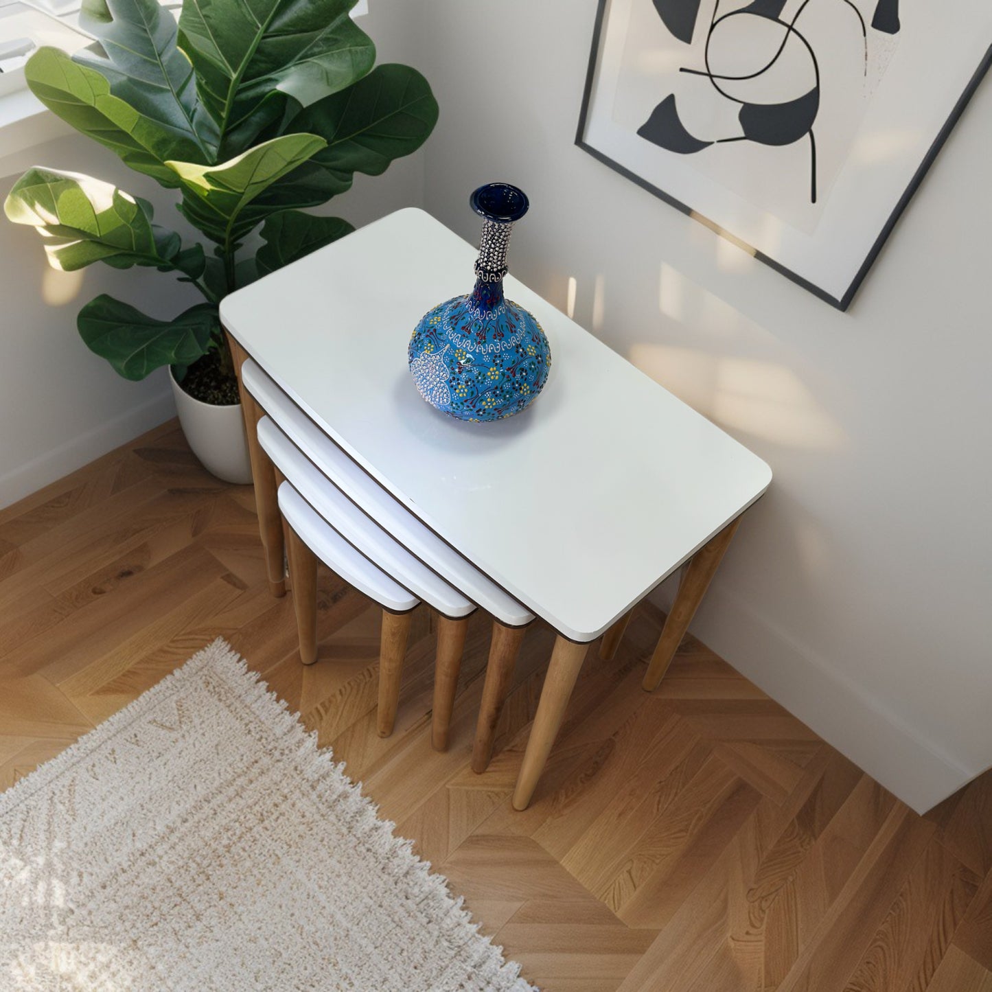 Evmob Lüks 1. Sınıf Mdf Çift Katlı 4’lü Zigon Sehpa Seti – Beyaz & Ceviz, Modern Tasarım