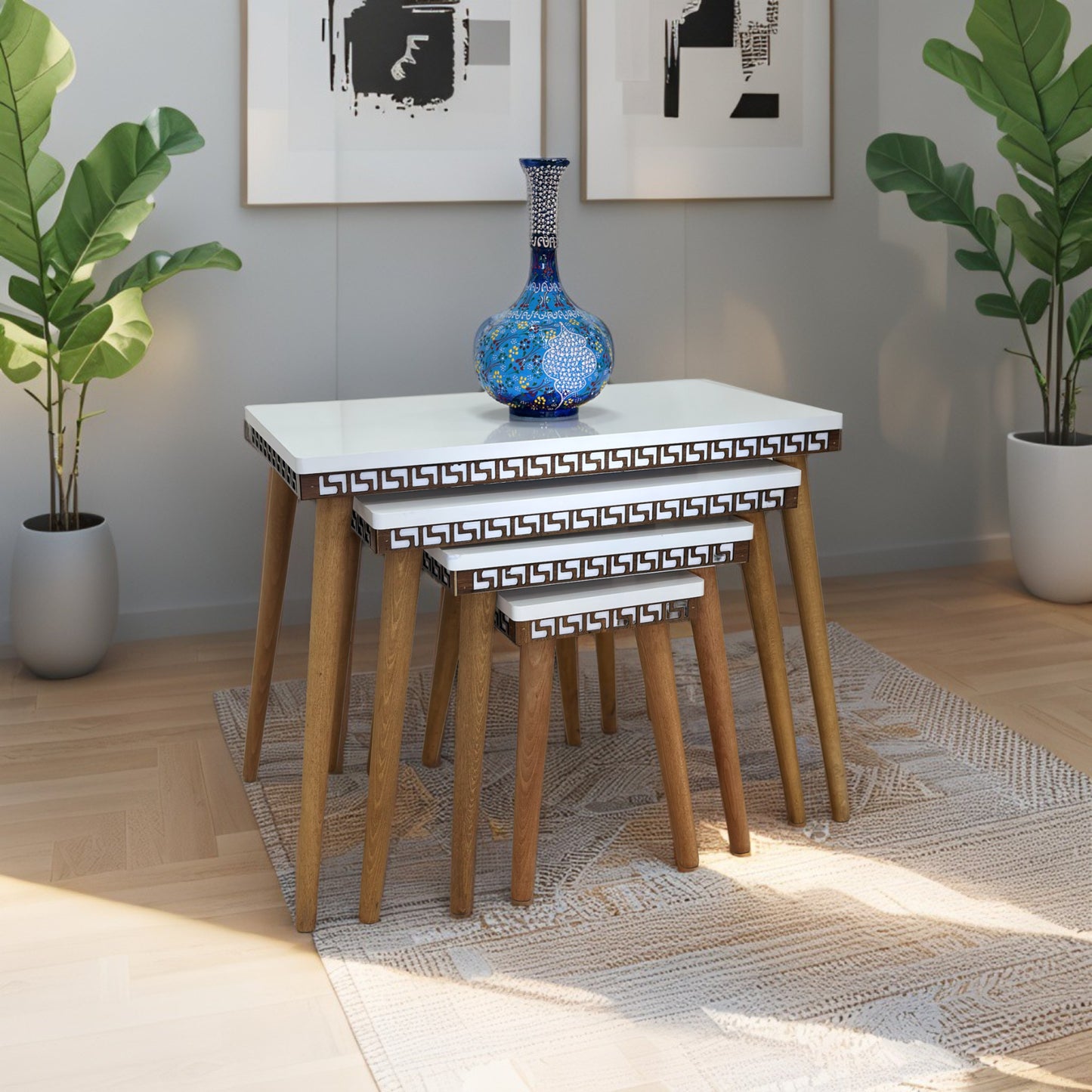 Evmob Lüks 1. Sınıf Mdf Oymalı 4’lü Zigon Sehpa Seti – Beyaz & Ceviz, Modern Tasarım