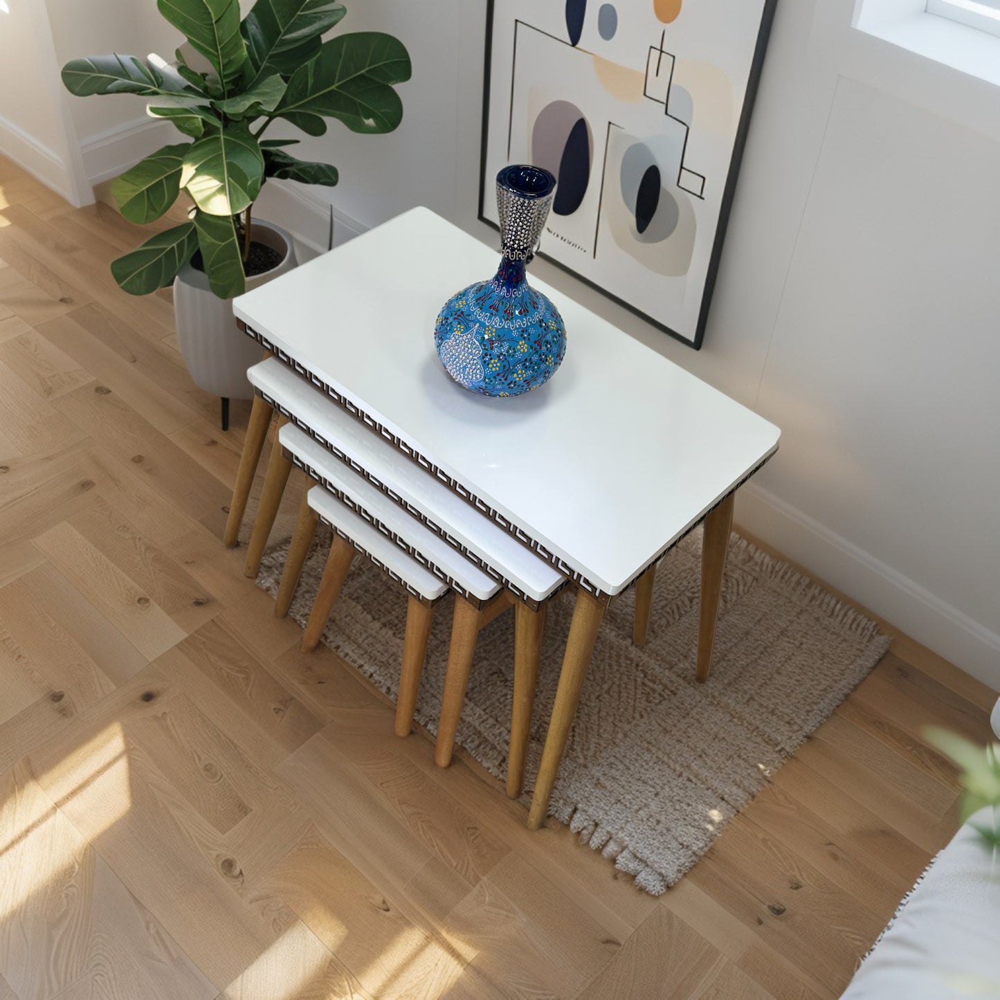 Evmob Lüks 1. Sınıf Mdf Oymalı 4’lü Zigon Sehpa Seti – Beyaz & Ceviz, Modern Tasarım