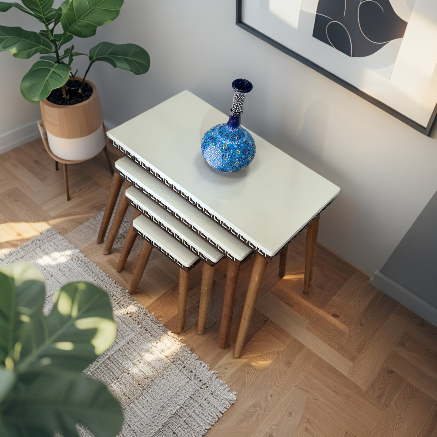 Evmob Lüks 1. Sınıf Mdf Oymalı 4’lü Zigon Sehpa Seti – Krem & Ceviz, Modern Tasarım