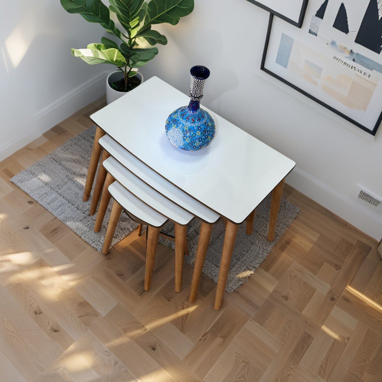 Evmob Lüks 1. Sınıf Mdf Tek Katlı 4’lü Zigon Sehpa Seti – Beyaz & Ceviz, Modern Tasarım