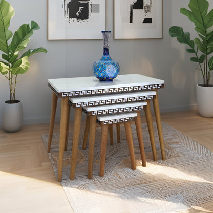 Evmob Lüks 1. Sınıf Mdf Oymalı 4’lü Zigon Sehpa Seti – Beyaz & Ceviz, Modern Tasarım