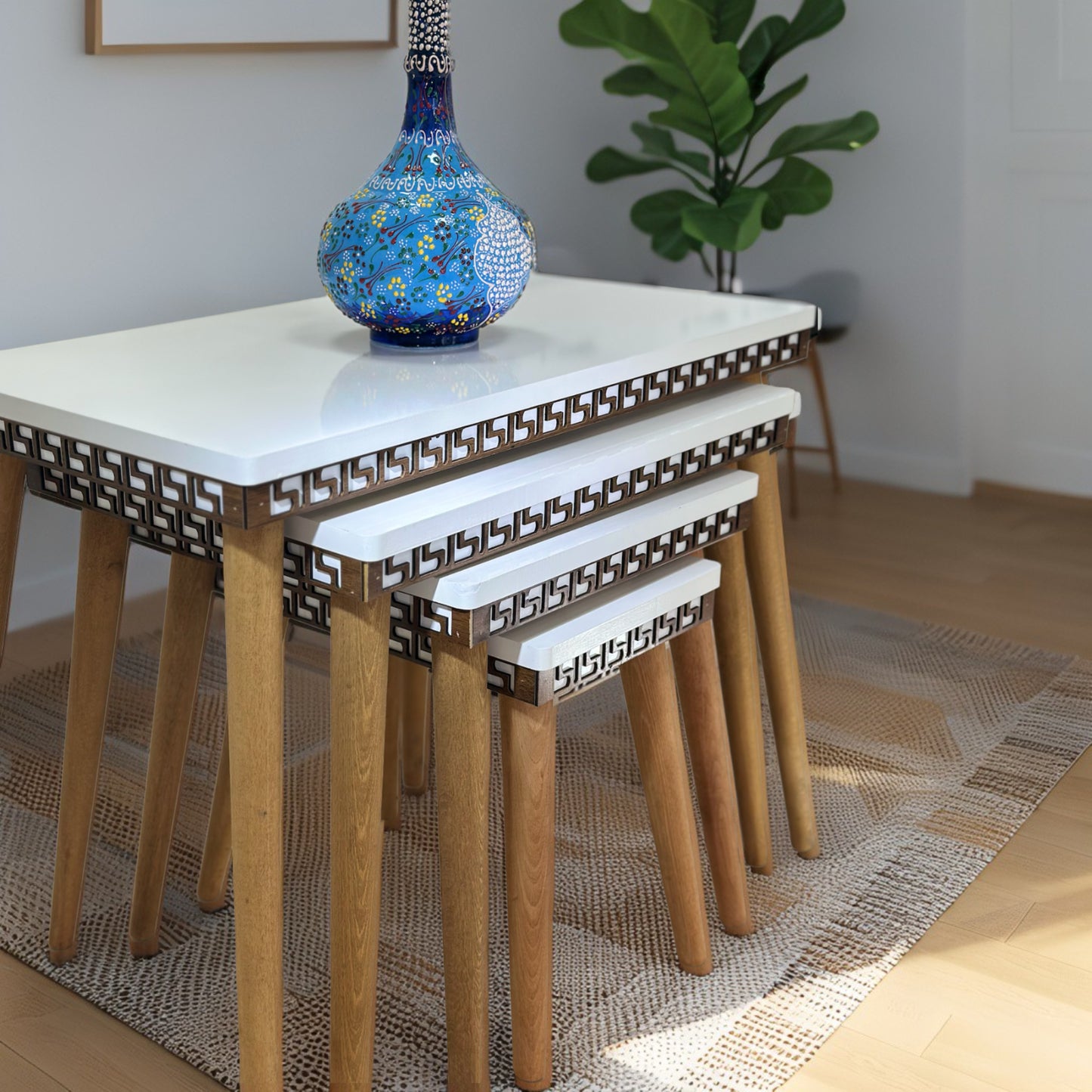 Evmob Lüks 1. Sınıf Mdf Oymalı 4’lü Zigon Sehpa Seti – Beyaz & Ceviz, Modern Tasarım