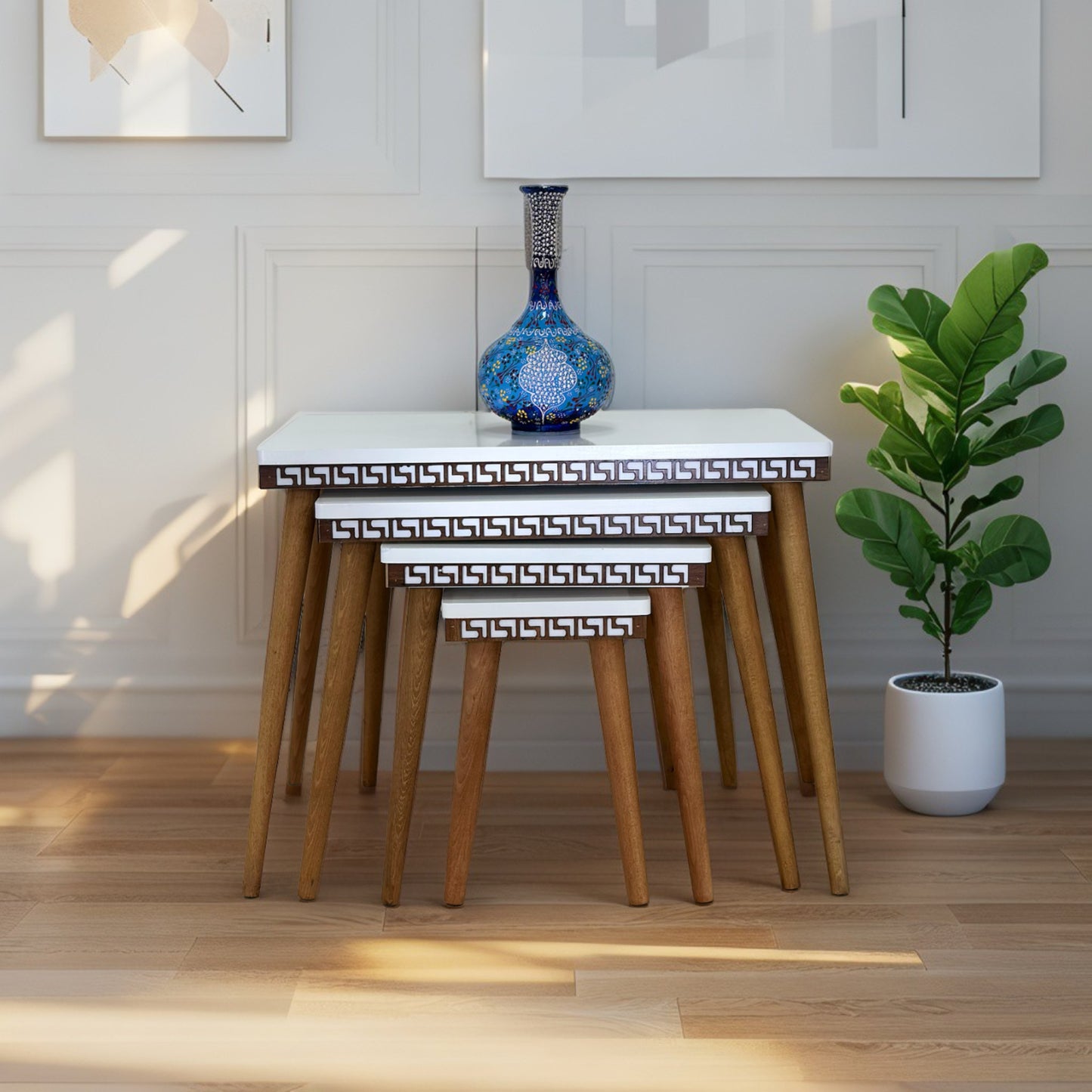 Evmob Lüks 1. Sınıf Mdf Oymalı 4’lü Zigon Sehpa Seti – Beyaz & Ceviz, Modern Tasarım