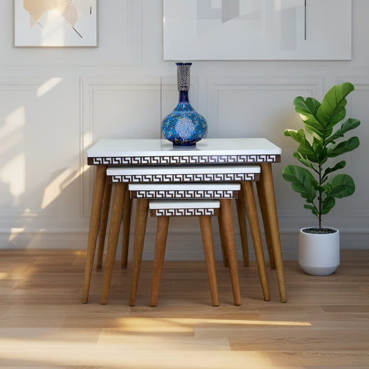 Evmob Lüks 1. Sınıf Mdf Oymalı 4’lü Zigon Sehpa Seti – Beyaz & Ceviz, Modern Tasarım