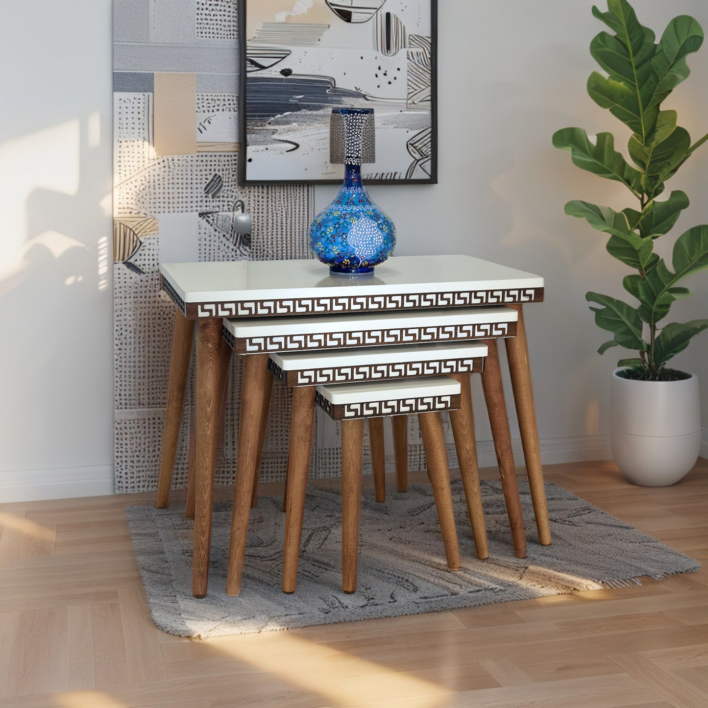 Evmob Lüks 1. Sınıf Mdf Oymalı 4’lü Zigon Sehpa Seti – Krem & Ceviz, Modern Tasarım