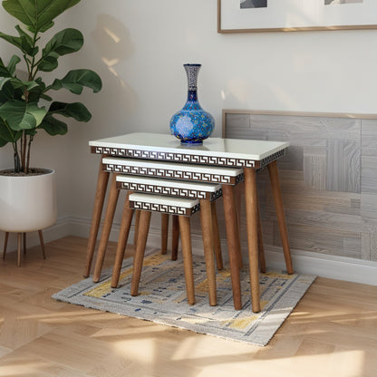 Evmob Lüks 1. Sınıf Mdf Oymalı 4’lü Zigon Sehpa Seti – Krem & Ceviz, Modern Tasarım