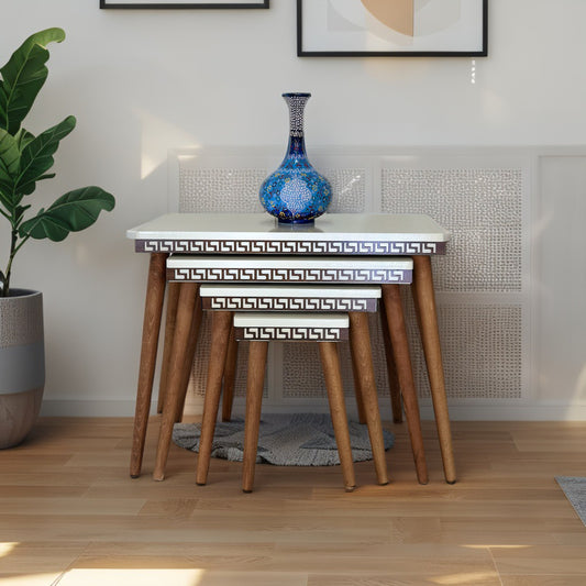 Evmob Lüks 1. Sınıf Mdf Oymalı 4’lü Zigon Sehpa Seti – Krem & Ceviz, Modern Tasarım