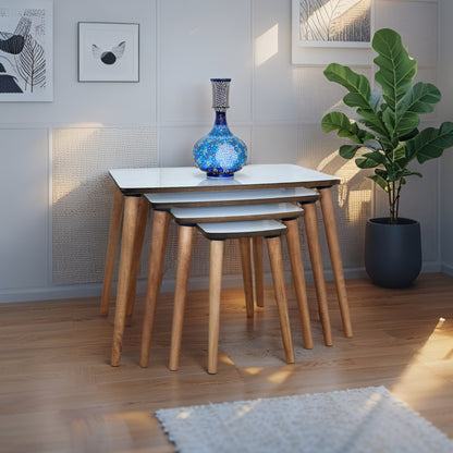 Evmob Lüks 1. Sınıf Mdf Tek Katlı 4’lü Zigon Sehpa Seti – Beyaz & Ceviz, Modern Tasarım