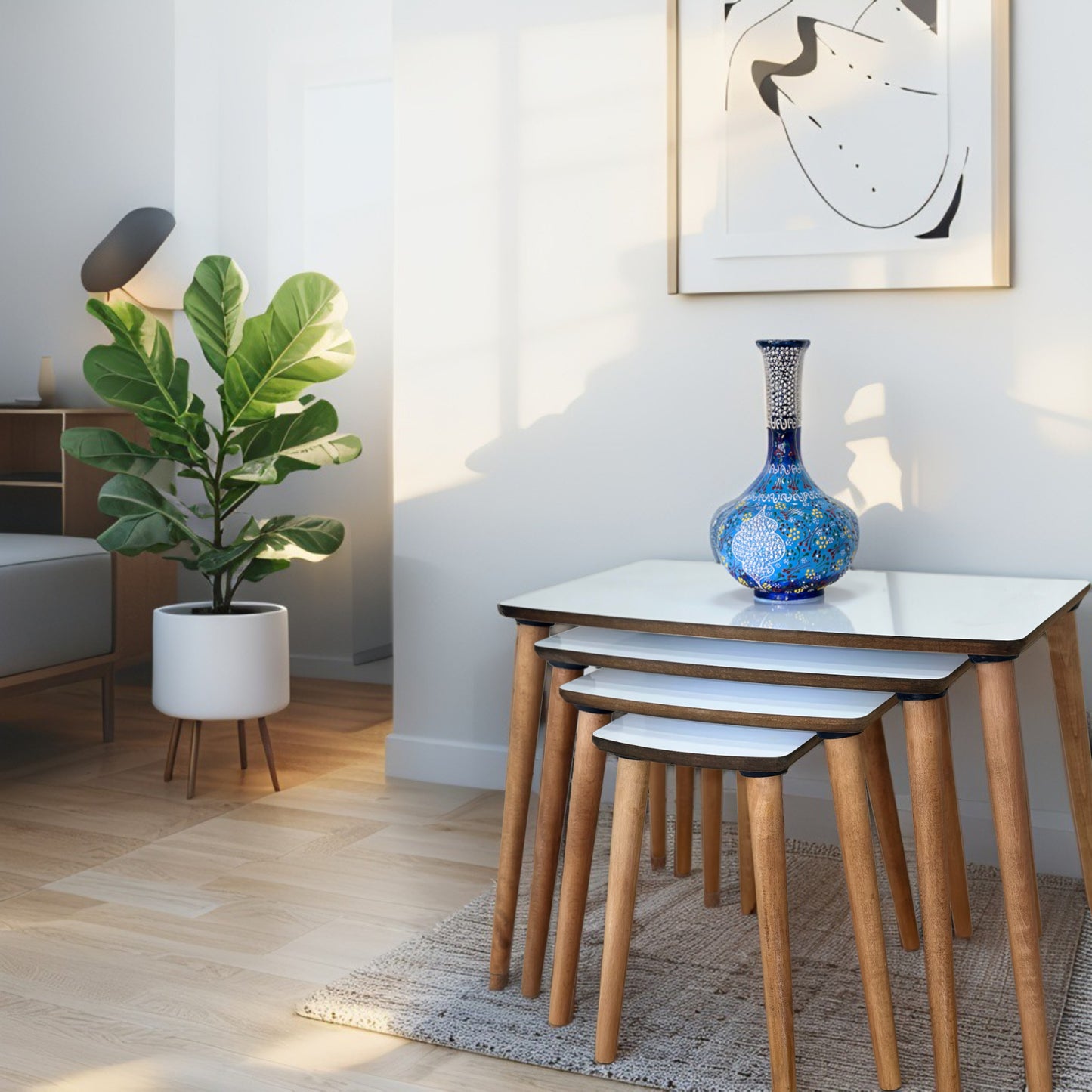 Evmob Lüks 1. Sınıf Mdf Tek Katlı 4’lü Zigon Sehpa Seti – Beyaz & Ceviz, Modern Tasarım