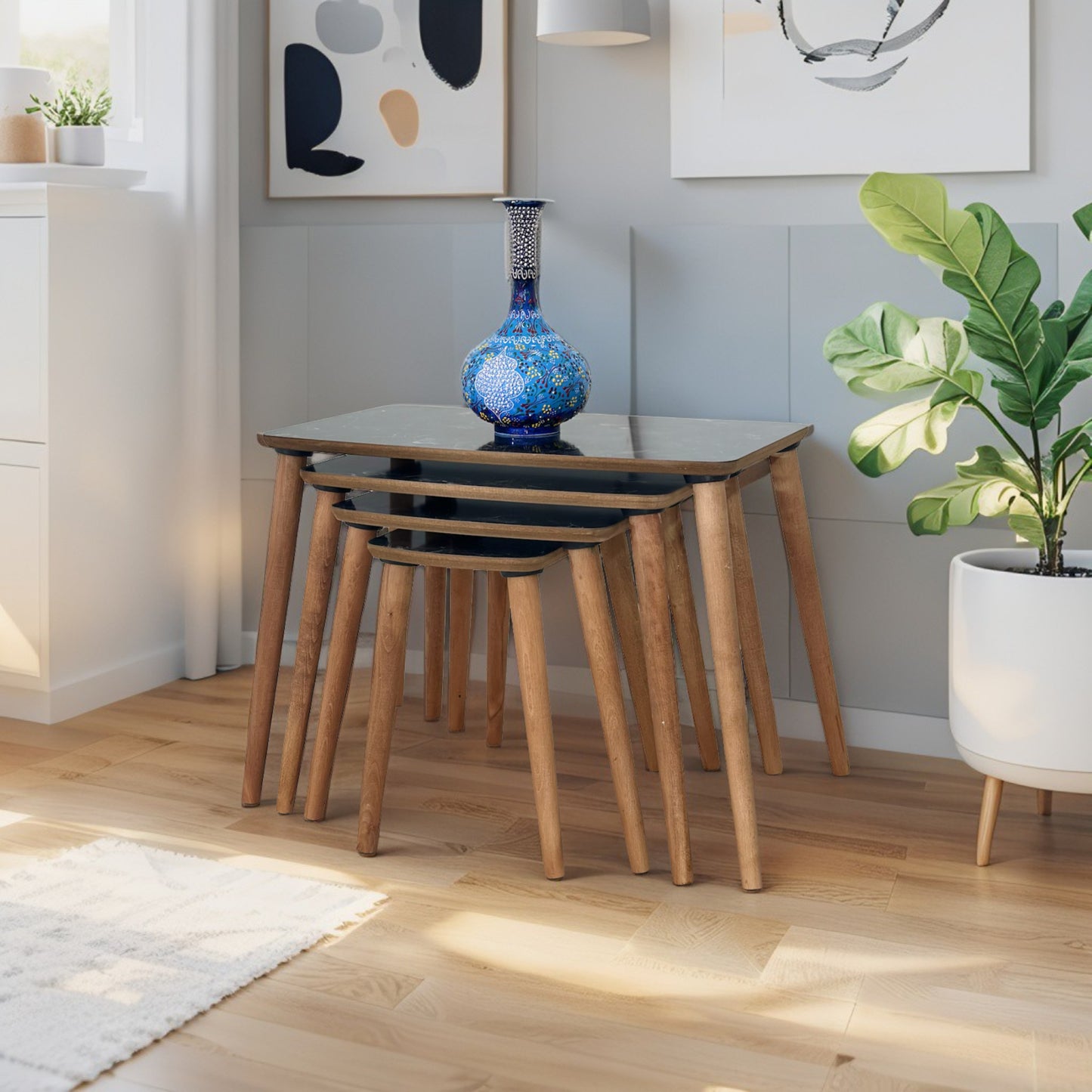 Evmob Lüks 1. Sınıf Mdf Tek Katlı 4’lü Zigon Sehpa Seti – Siyah Mermer & Ceviz, Modern Tasarım